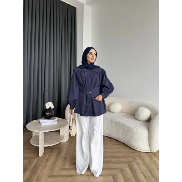 Hen - Mihra Bel Detaylı Gömlek - Lacivert - ÖN SİPARİŞ