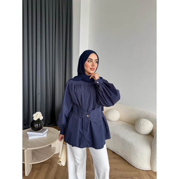 Hen - Mihra Bel Detaylı Gömlek - Lacivert - ÖN SİPARİŞ