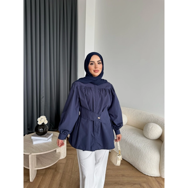 Hen - Mihra Bel Detaylı Gömlek - Lacivert - ÖN SİPARİŞ