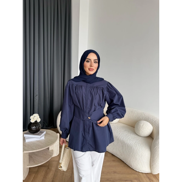 Hen - Mihra Bel Detaylı Gömlek - Lacivert - ÖN SİPARİŞ