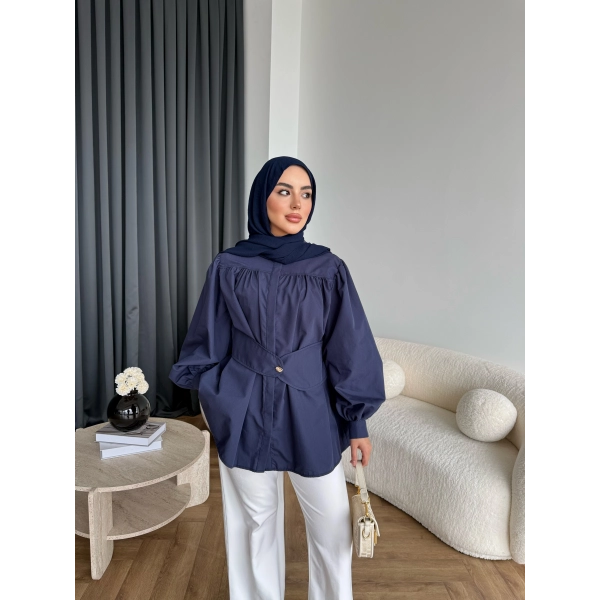 Hen - Mihra Bel Detaylı Gömlek - Lacivert - ÖN SİPARİŞ
