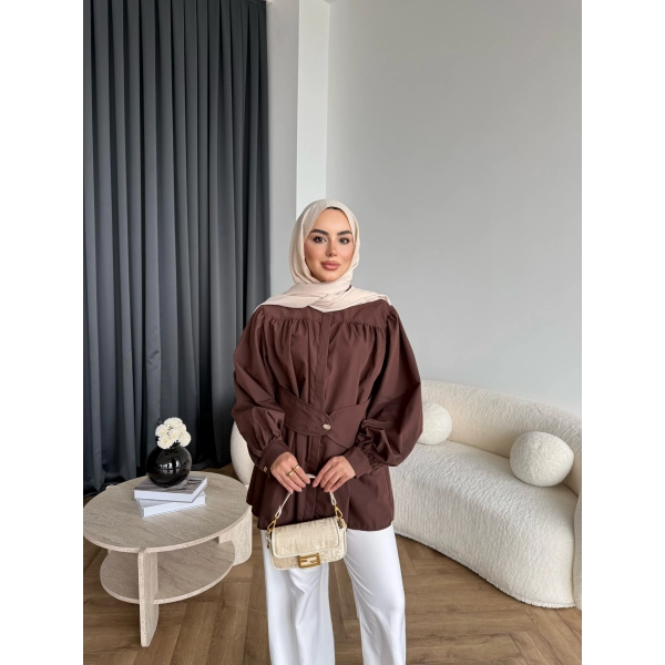 Hen - Mihra Bel Detaylı Gömlek - Kahve - ÖN SİPARİŞ