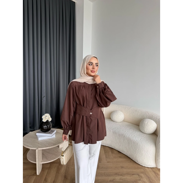Hen - Mihra Bel Detaylı Gömlek - Kahve - ÖN SİPARİŞ