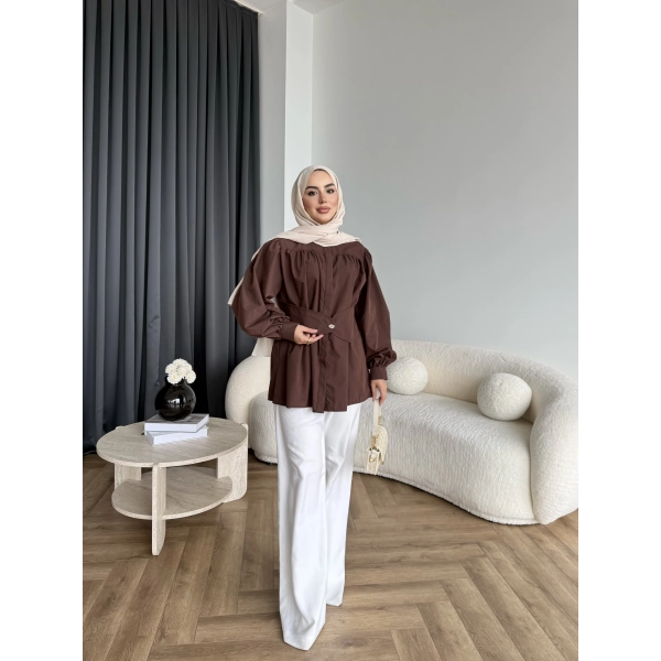 Hen - Mihra Bel Detaylı Gömlek - Kahve - ÖN SİPARİŞ