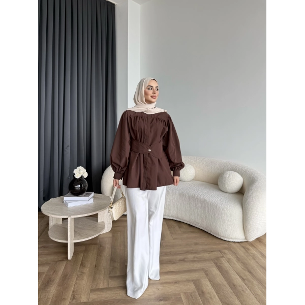 Hen - Mihra Bel Detaylı Gömlek - Kahve - ÖN SİPARİŞ