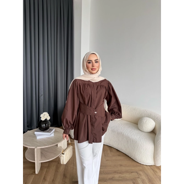 Hen - Mihra Bel Detaylı Gömlek - Kahve - ÖN SİPARİŞ