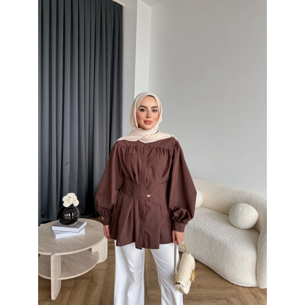 Hen - Mihra Bel Detaylı Gömlek - Kahve - ÖN SİPARİŞ