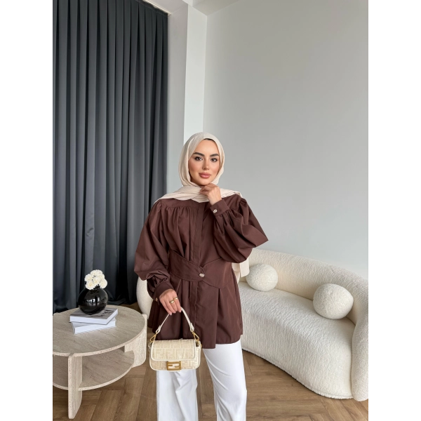 Hen - Mihra Bel Detaylı Gömlek - Kahve - ÖN SİPARİŞ