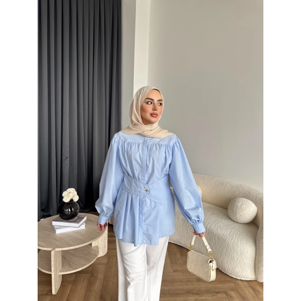 Hen - Mihra Bel Detaylı Gömlek - Mavi - ÖN SİPARİŞ