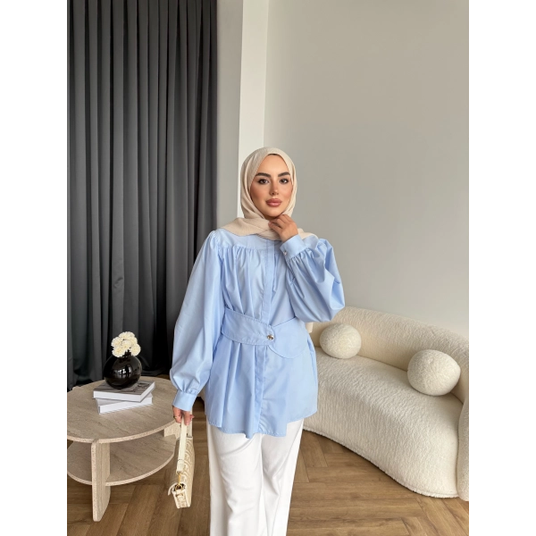 Hen - Mihra Bel Detaylı Gömlek - Mavi - ÖN SİPARİŞ