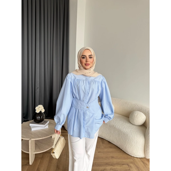 Hen - Mihra Bel Detaylı Gömlek - Mavi - ÖN SİPARİŞ