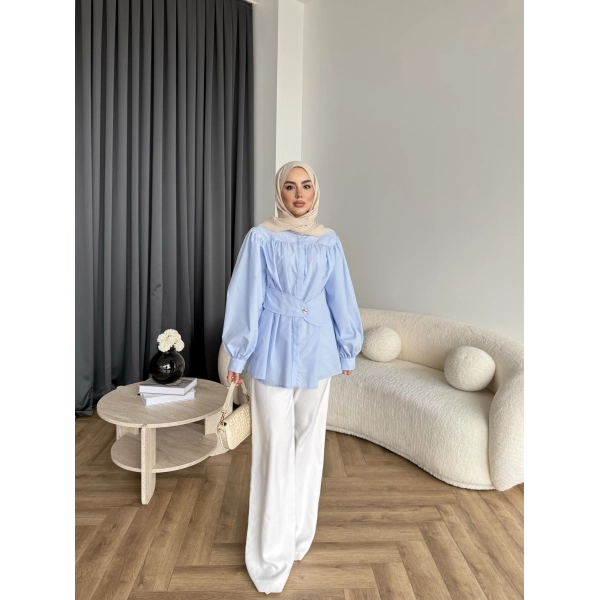 Hen - Mihra Bel Detaylı Gömlek - Mavi - ÖN SİPARİŞ