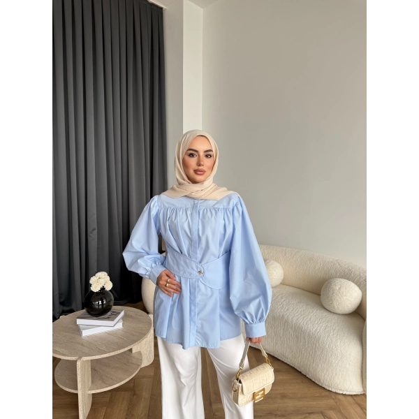 Hen - Mihra Bel Detaylı Gömlek - Mavi - ÖN SİPARİŞ