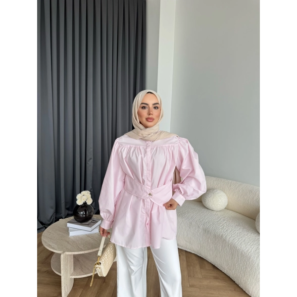 Hen - Mihra Bel Detaylı Gömlek - Pembe - ÖN SİPARİŞ