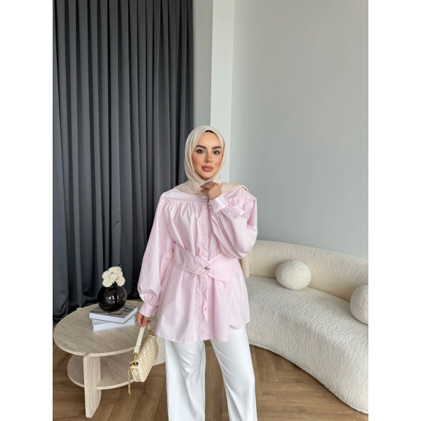 Hen - Mihra Bel Detaylı Gömlek - Pembe - ÖN SİPARİŞ