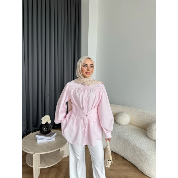 Hen - Mihra Bel Detaylı Gömlek - Pembe - ÖN SİPARİŞ