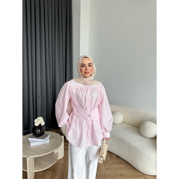 Hen - Mihra Bel Detaylı Gömlek - Pembe - ÖN SİPARİŞ