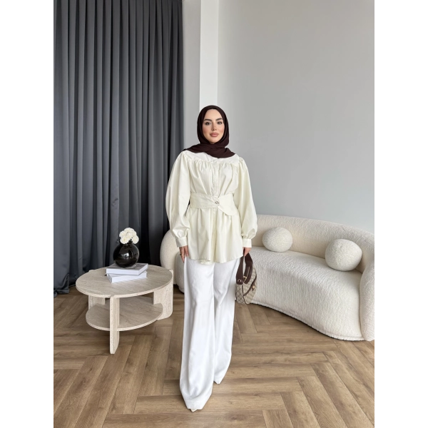 Hen - Mihra Bel Detaylı Gömlek - Ekru - ÖN SİPARİŞ