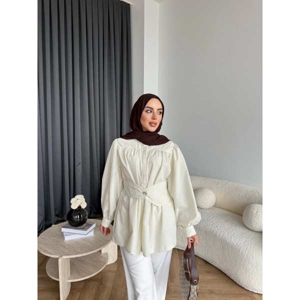 Hen - Mihra Bel Detaylı Gömlek - Ekru - ÖN SİPARİŞ