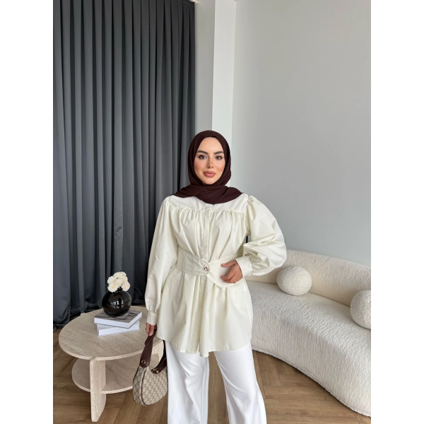 Hen - Mihra Bel Detaylı Gömlek - Ekru - ÖN SİPARİŞ