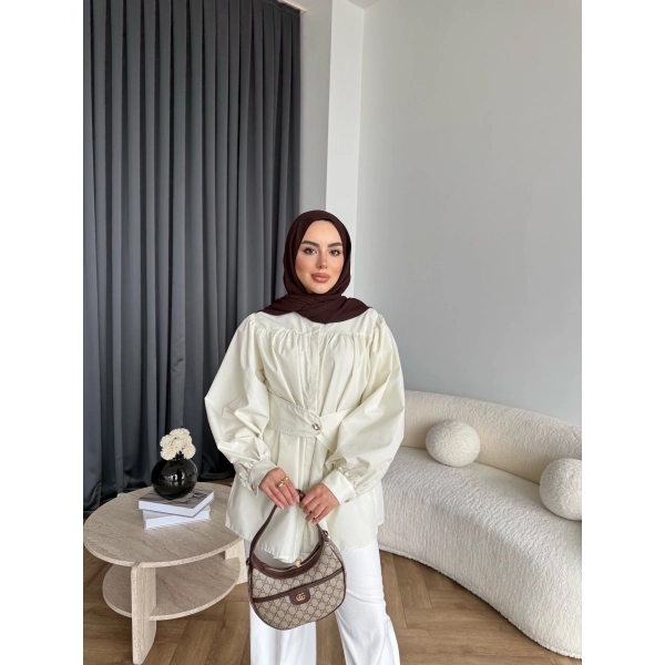 Hen - Mihra Bel Detaylı Gömlek - Ekru - ÖN SİPARİŞ