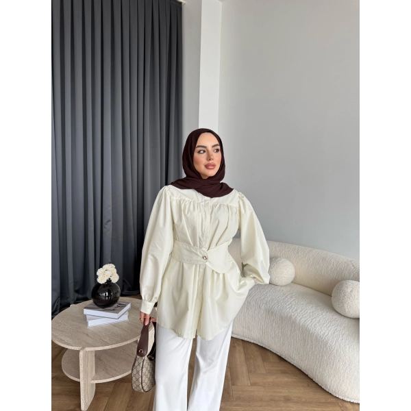 Hen - Mihra Bel Detaylı Gömlek - Ekru - ÖN SİPARİŞ