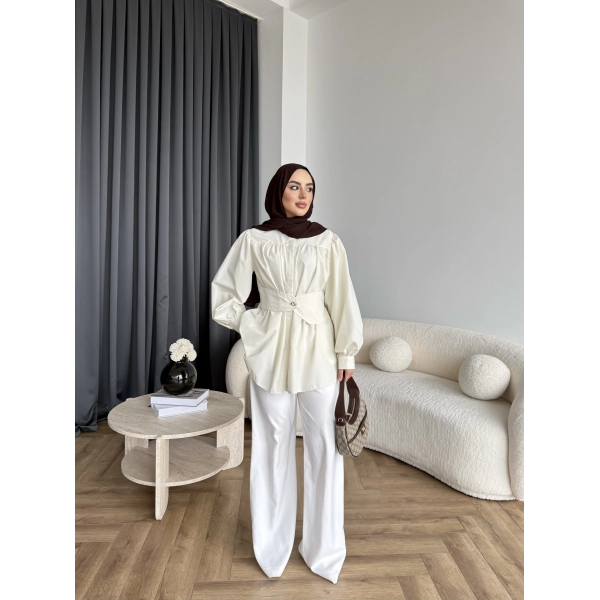 Hen - Mihra Bel Detaylı Gömlek - Ekru - ÖN SİPARİŞ