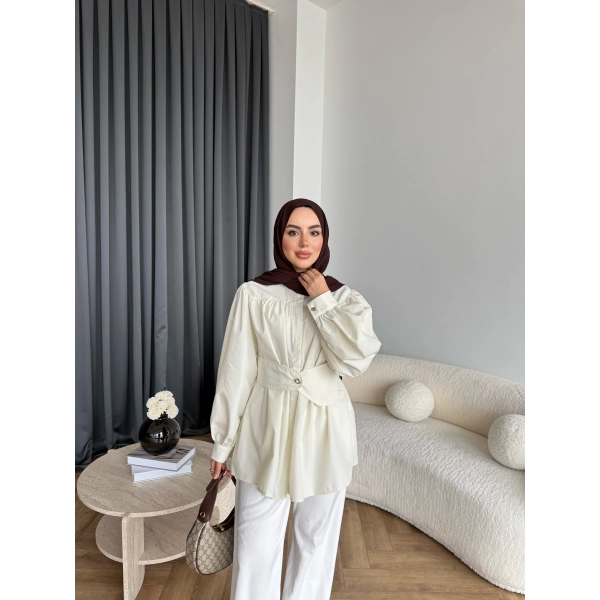 Hen - Mihra Bel Detaylı Gömlek - Ekru - ÖN SİPARİŞ
