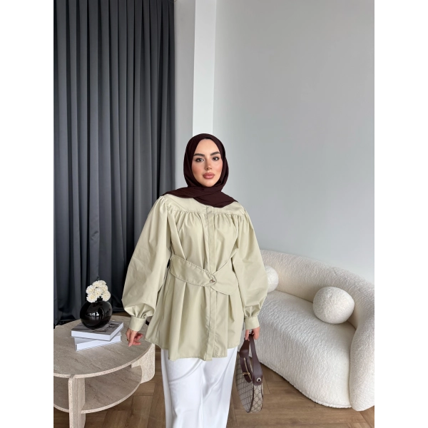 Hen - Mihra Bel Detaylı Gömlek - Yeşil - ÖN SİPARİŞ