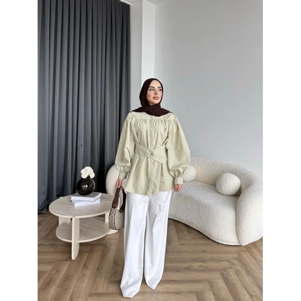 Hen - Mihra Bel Detaylı Gömlek - Yeşil - ÖN SİPARİŞ