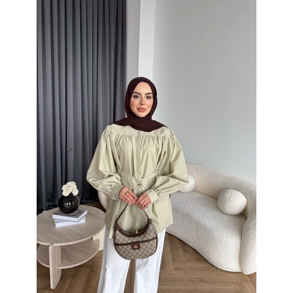 Hen - Mihra Bel Detaylı Gömlek - Yeşil - ÖN SİPARİŞ