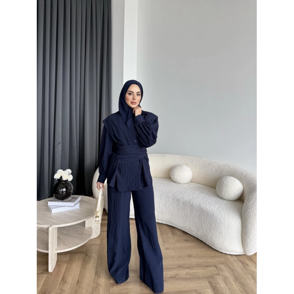 Duq - Gofre Çizgili Takım - Lacivert