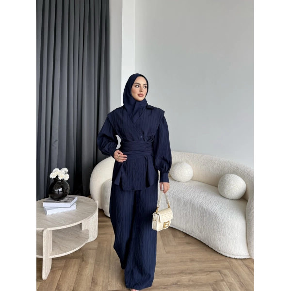 Duq - Gofre Çizgili Takım - Lacivert