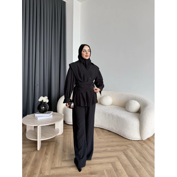 Duq - Gofre Çizgili Takım - Siyah