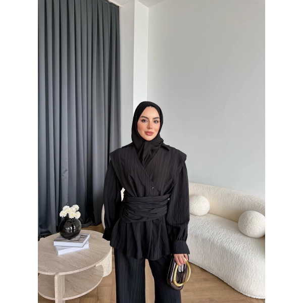 Duq - Gofre Çizgili Takım - Siyah