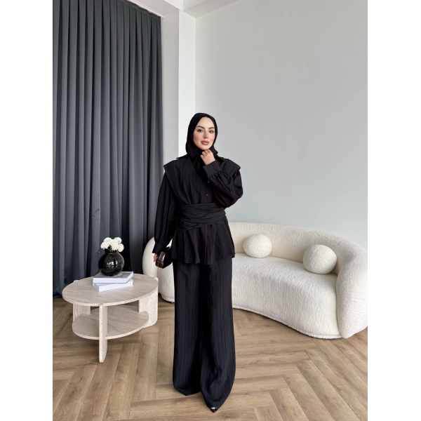 Duq - Gofre Çizgili Takım - Siyah