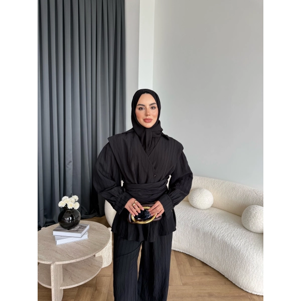 Duq - Gofre Çizgili Takım - Siyah