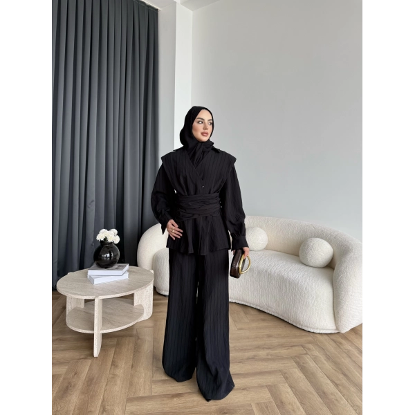 Duq - Gofre Çizgili Takım - Siyah