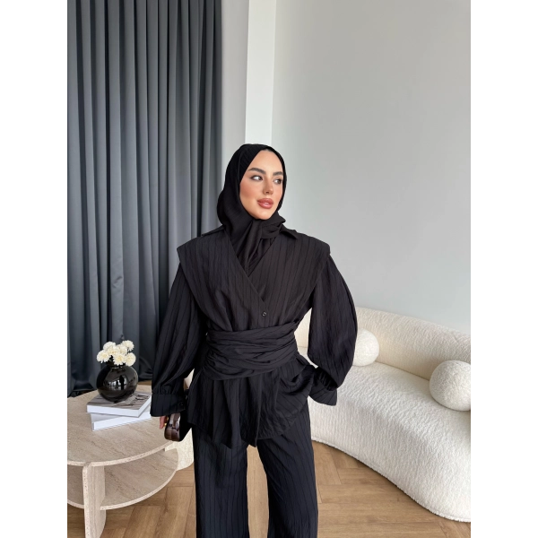 Duq - Gofre Çizgili Takım - Siyah