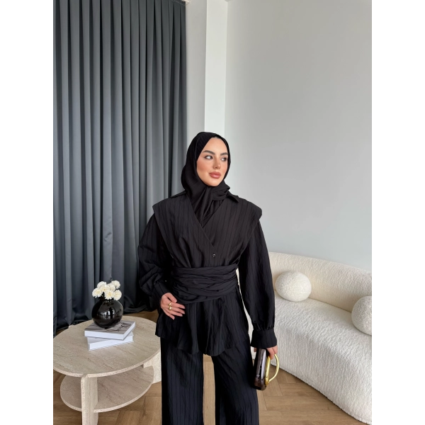 Duq - Gofre Çizgili Takım - Siyah