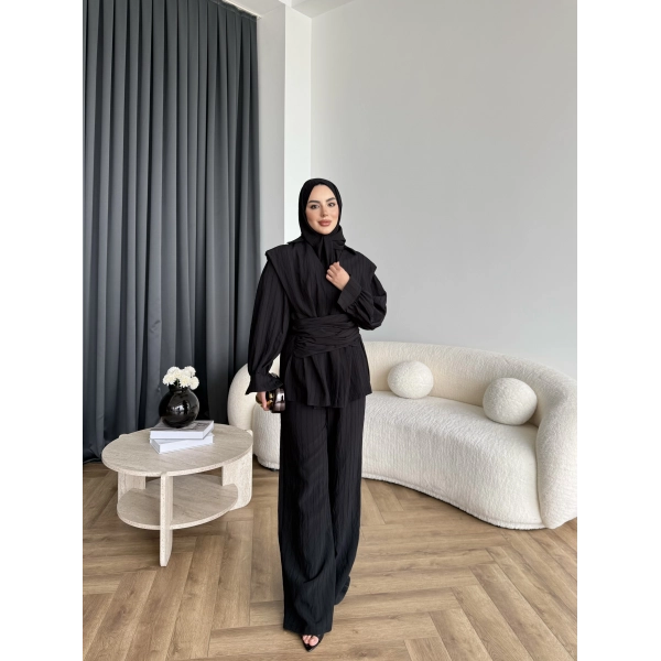 Duq - Gofre Çizgili Takım - Siyah