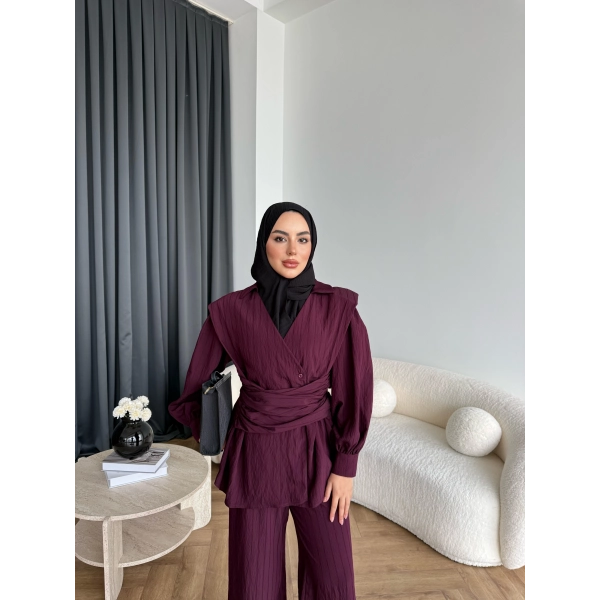 Duq - Gofre Çizgili Takım - Bordo