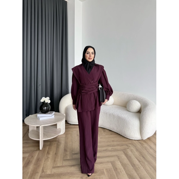 Duq - Gofre Çizgili Takım - Bordo