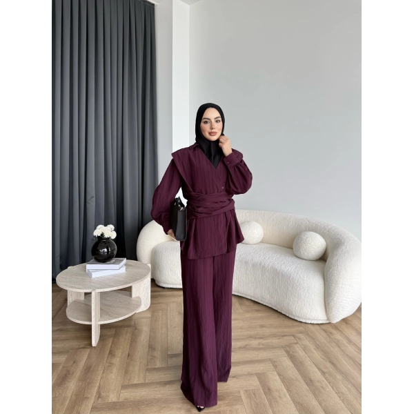 Duq - Gofre Çizgili Takım - Bordo