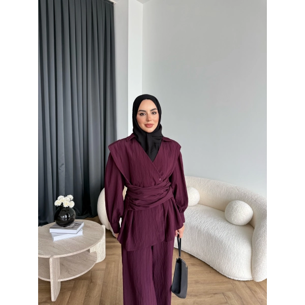 Duq - Gofre Çizgili Takım - Bordo