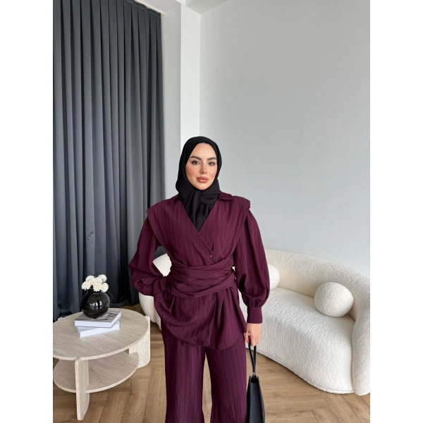 Duq - Gofre Çizgili Takım - Bordo