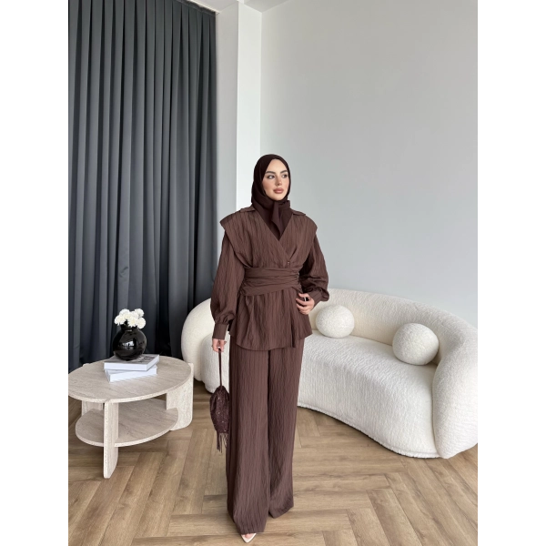 Duq - Gofre Çizgili Takım - Kahve