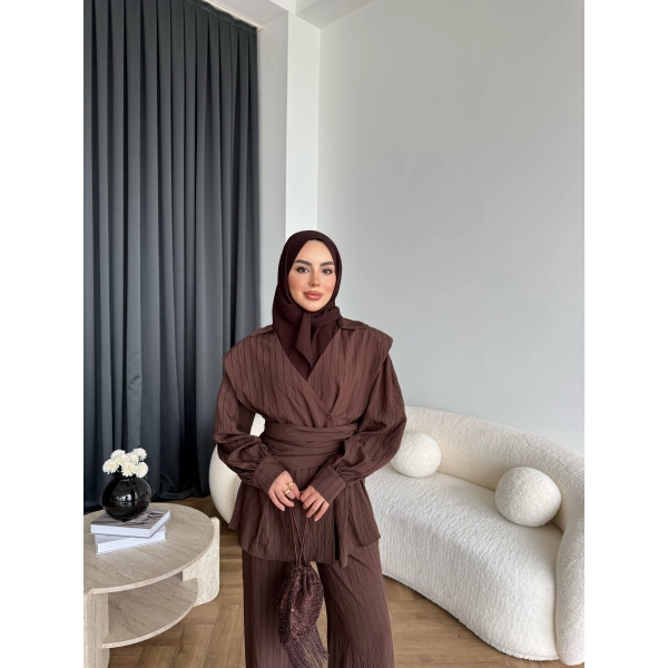 Duq - Gofre Çizgili Takım - Kahve