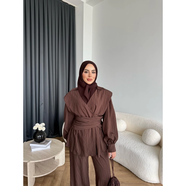 Duq - Gofre Çizgili Takım - Kahve