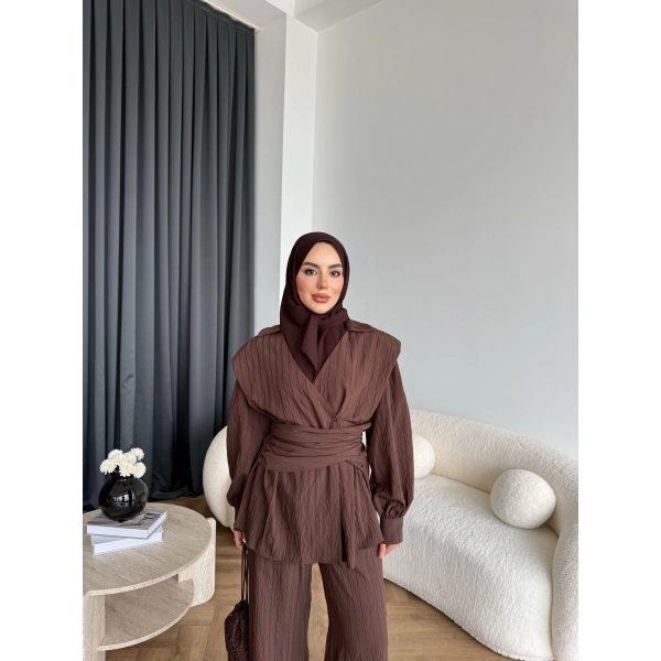 Duq - Gofre Çizgili Takım - Kahve